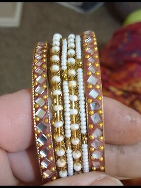 Gold and Pink Pearl Accent Women's Bangle Set